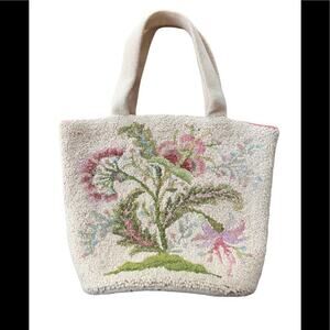 Vintage hooked wool floral tote bag purse handbag floral botanical white green